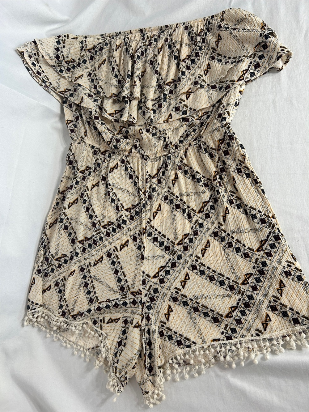 Xhilaration Cream Strapless Romper with Black and Brown Print